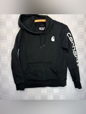 Carhartt Men’s Black Crewneck Hoodie with White Logo Sleeve Script